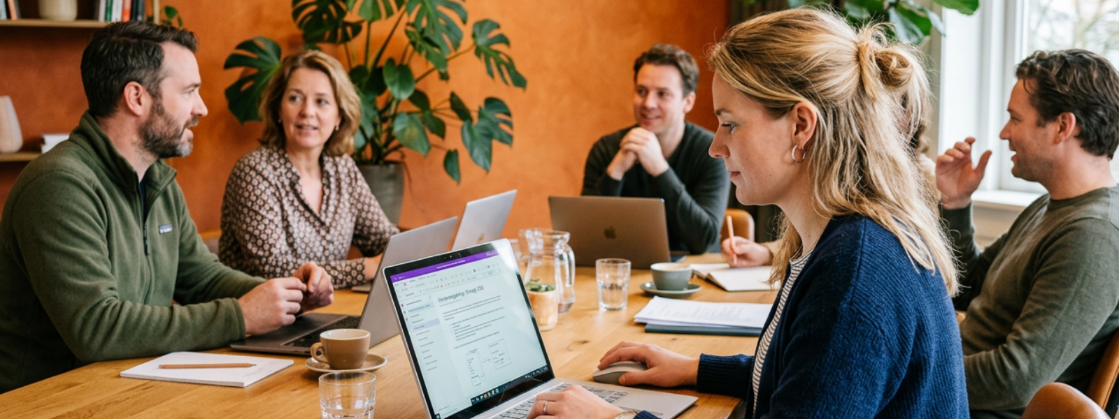 Managementassistente gebruikt een digitaal notitieblok tijdens een zakelijke vergadering.