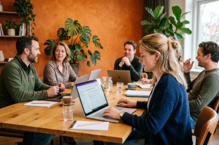 Managementassistente gebruikt een digitaal notitieblok tijdens een zakelijke vergadering.